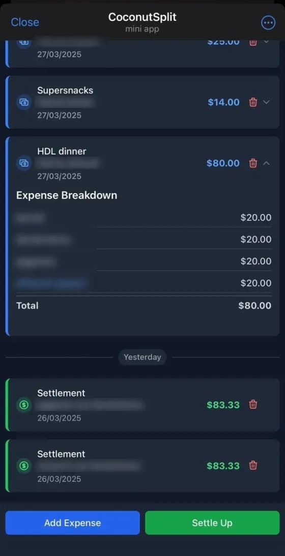 CoconutSplit expense ledger with settlements listed by date; usernames blurred.