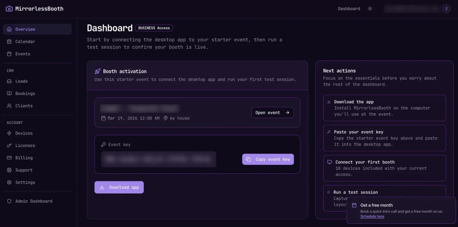 Operator dashboard for an upcoming event; private details blurred.